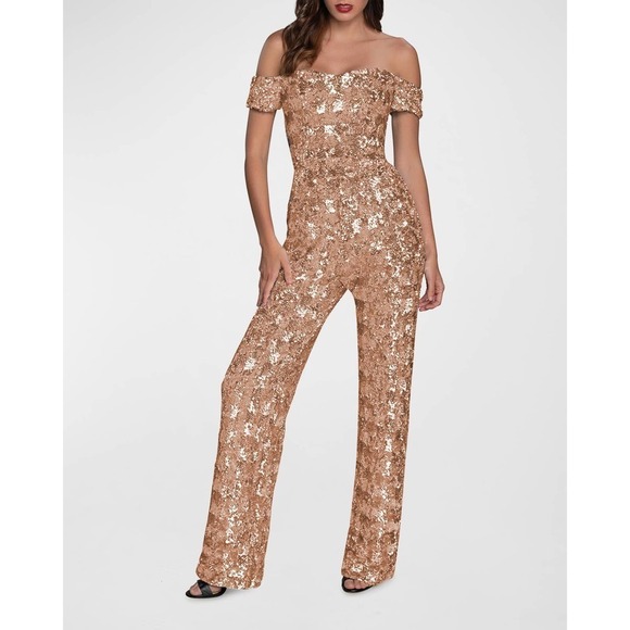 Dress The Population Elon Sequin Off-Shoulder Jumpsuit Champange Women's Size XS - Picture 1 of 12